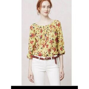 Postmark Anthropologie Blouse Womens 12 Yellow Floral Cotton Boho Pleated Top